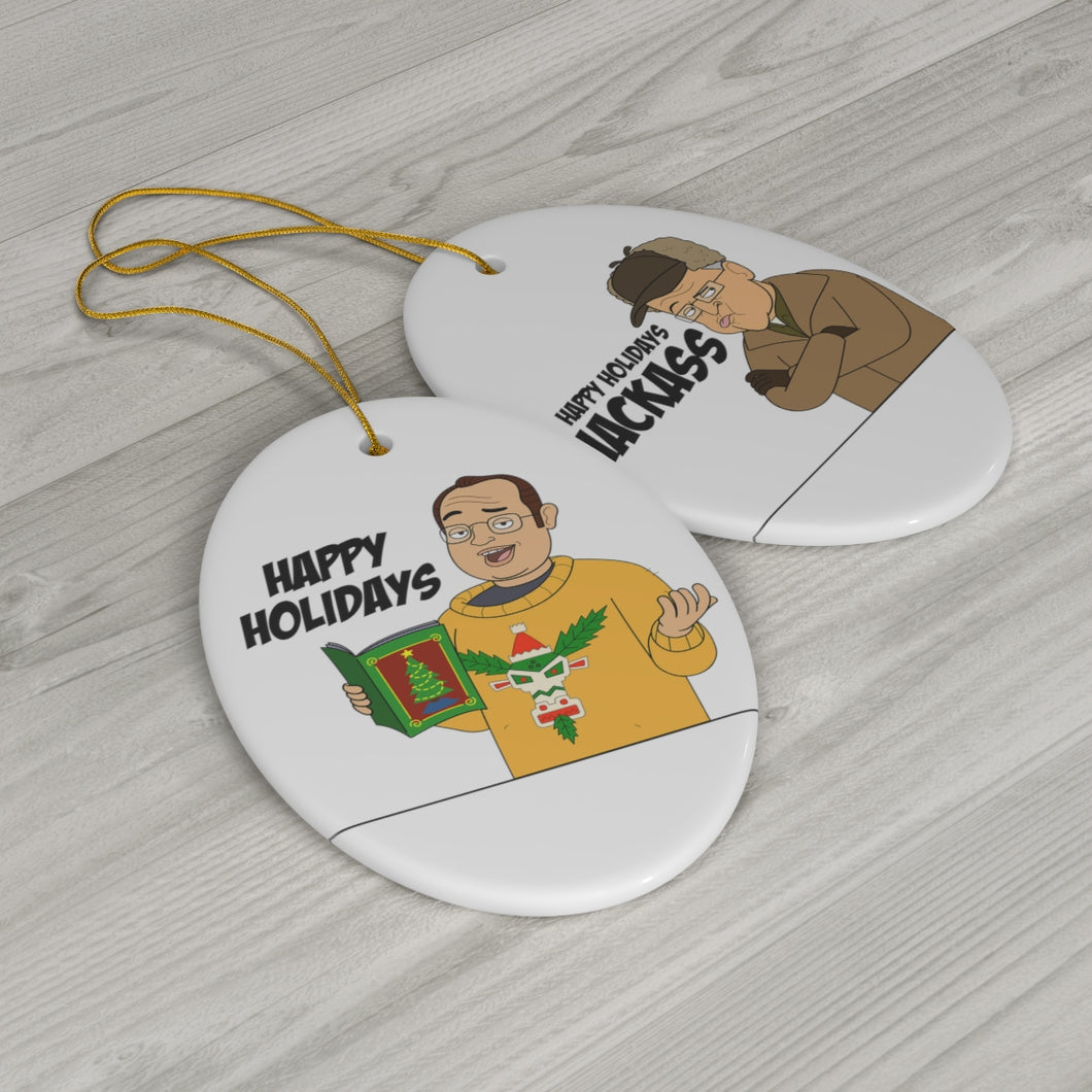 Brent / Oscar Double-Sided Oval Happy Holidays Ceramic Ornament